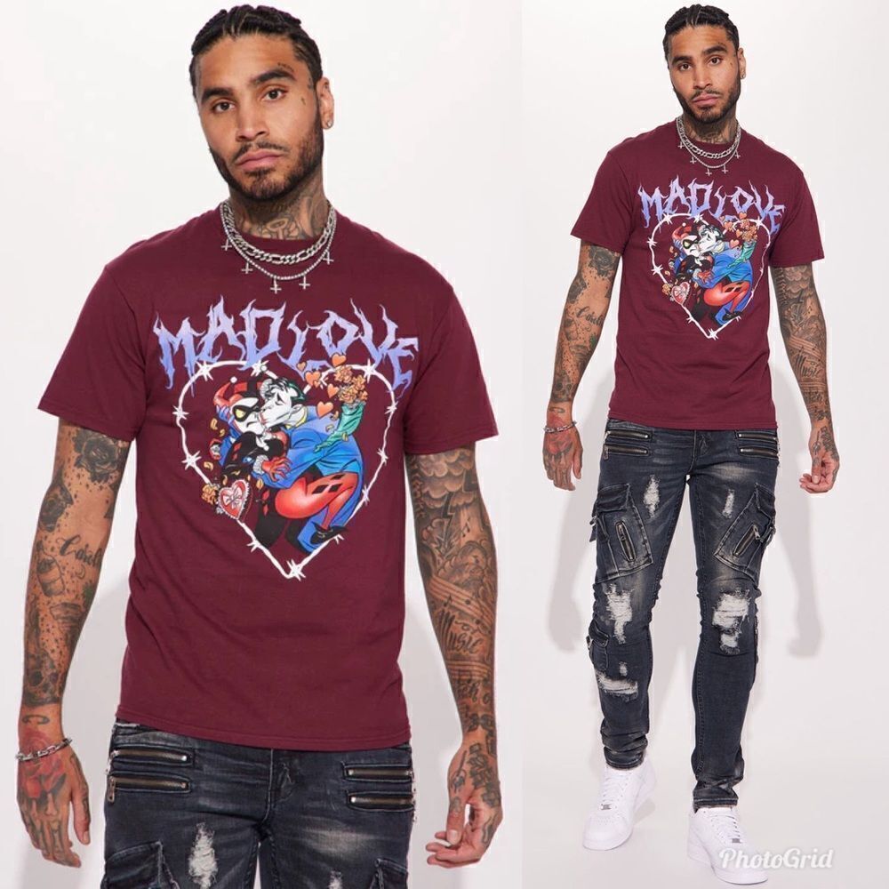 2/$30 Fashion Nova Harley Quinn and Joker Mad Love Short Sleeve Tee - Burgundy